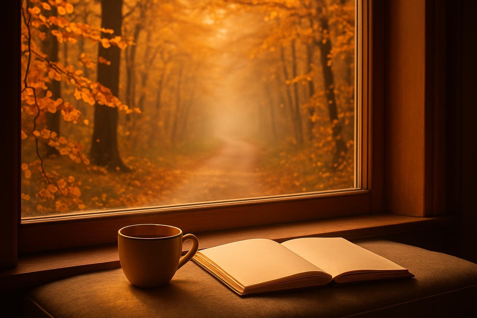 Herbstlicher Waldweg mit goldenem Laub und sanftem Nebel als Symbol für Orientierung